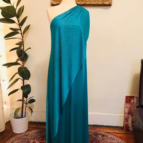 ILGWU Deep Sea Green One Shoulder Sequin Gown - Picture 1 of 8